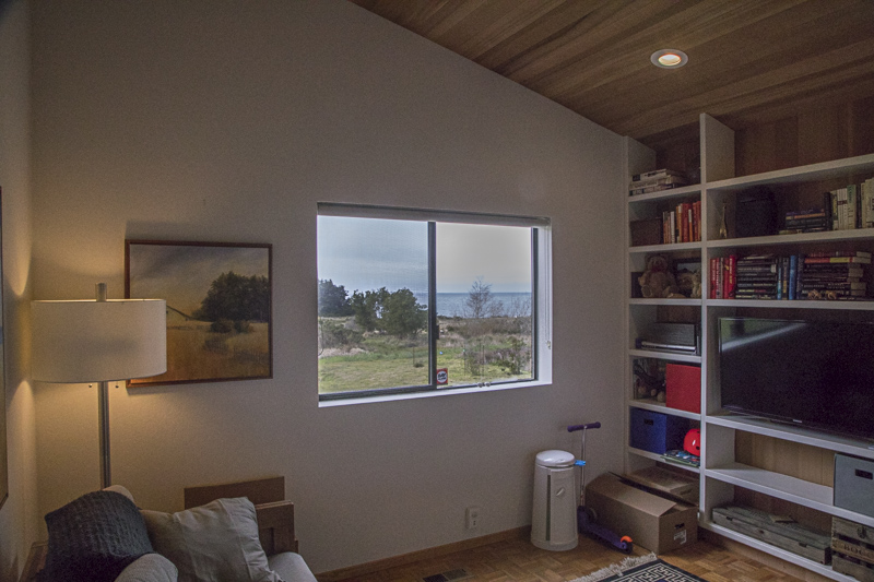 Interior of a room showing a bookcase, the corner of a couch, a lamp and a window looking past the meadow out to the ocean beyond.