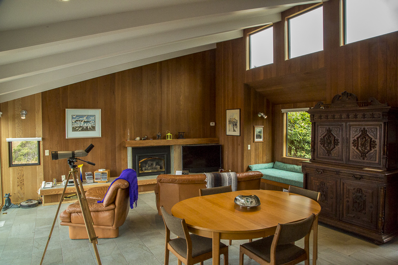 Living room showing a table and four chairs, an easy chair, a couch, a window seat and a fireplace.