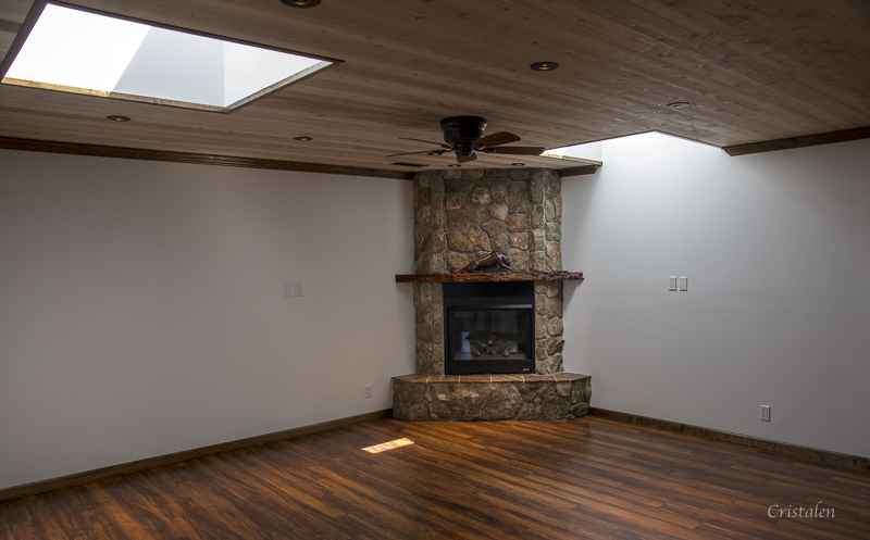 The fireplace in the corner of an empty living room.